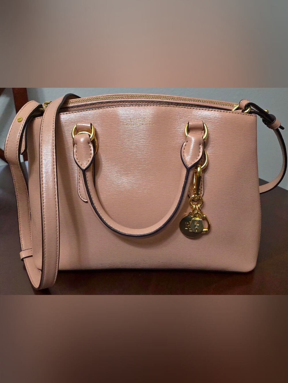 Lauren Ralph Lauren Saffiano Pink Leather Satchel with Gold Hardware